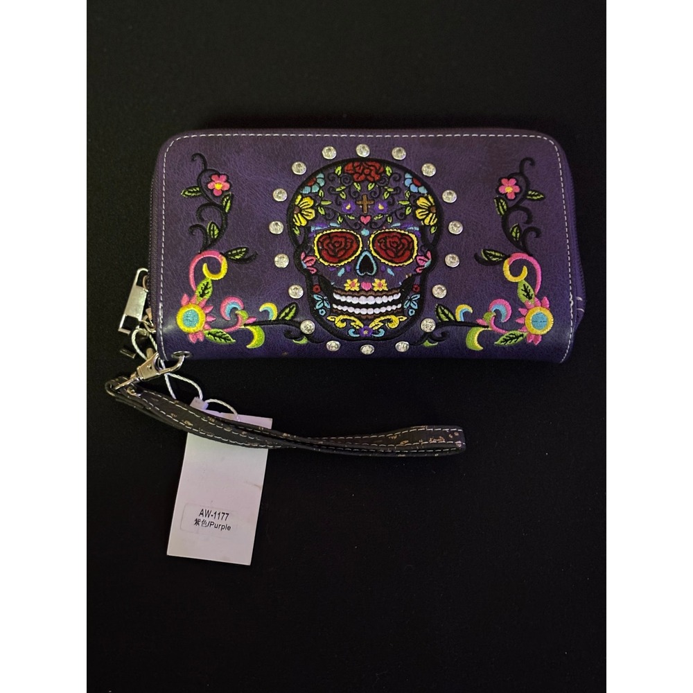 Purple Sugar Skull Embroidered Wristlet Wallet Muertos Double Zip Gems AW-1177
